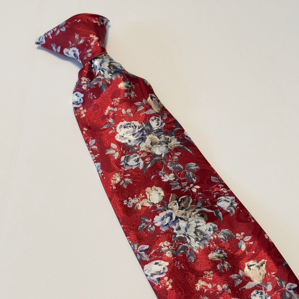 The Men's Store Clip-On Tie Red Floral Satin Vintage Botanical Formal 19x3.5"